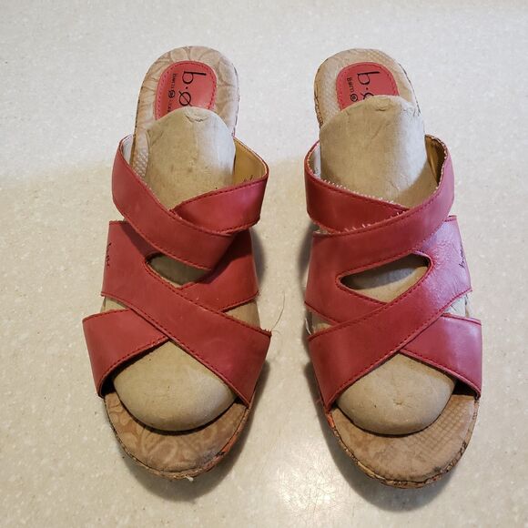 BOC Born Concept Wedge Sandals Sz 9M Red Leather Floral Cork Heels Slip On EUC - Picture 2 of 8